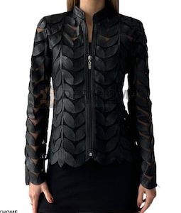 Women Black Leather Leaf Jacket, Leaf Shirt, Beach Jacket, Party Jacket, Summer Jacket, Floral Jacket, Leather Jacket Women, Kimono Jacket