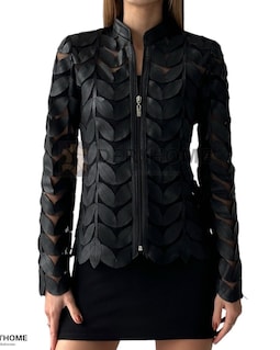 Women Black Leather Leaf Jacket, Leaf Shirt, Beach Jacket, Party Jacket, Summer Jacket, Floral Jacket, Leather Jacket Women, Kimono Jacket
