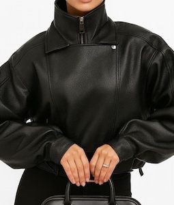 Women's Oversized Bomber Genuine Leather Jacket Belted Biker Moto Zip Coat Outerwear