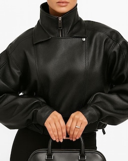 Women's Oversized Bomber Genuine Leather Jacket Belted Biker Moto Zip Coat Outerwear