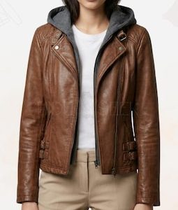 Women’s Grace Brown Leather Asymmetric Biker Hooded Jacket | Handmade RE9 Survival Evil Style Moto Coat