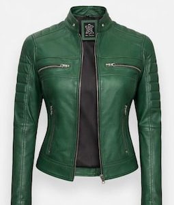 Green Leather Biker Jacket Women | Slim Fit Moto Jacket | Stylish Streetwear
