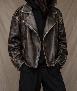 Women’s Distressed Leather Jacket, Old School Rugged Biker, Vintage 90s Retro Moto Jacket, Oversized Motorcycle Jacket, Genuine Cow Leather