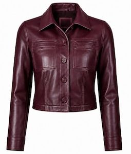 Women’s Cropped Leather Jacket Burgundy Genuine Leather Trucker Coat Button Front Vintage Fashion Outerwear
