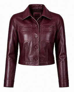 Women’s Cropped Leather Jacket Burgundy Genuine Leather Trucker Coat Button Front Vintage Fashion Outerwear