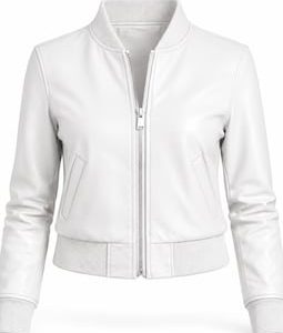 Women’s White Lambskin Leather Bomber Jacket, Cropped Moto Jacket, Minimalist Fashion Outerwear