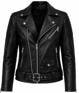 Women Leather Jacket Black Genuine Leather Biker Jackets Motorcycle Moto Belted Quilted Zip Coat