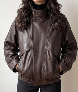 Women’s Lambskin Leather Jacket, Dark Brown Oversized Bomber Jacket, High Collar Leather Coat, Soft Genuine Leather Fall Winter Outerwear