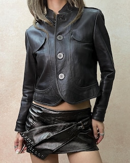 Vintage Cropped Genuine Leather Jacket with TEXTURES, Y2K Military Utility Moto Jacket, S