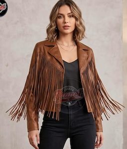 Women Cropped Leather Jackets Tan Fringe Western Biker Genuine Leather Cowgirl Festival Moto Jacket