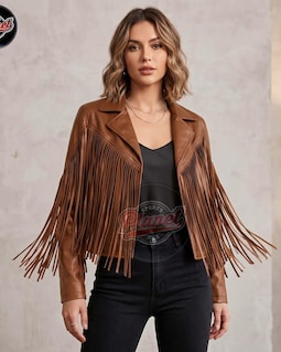 Women Cropped Leather Jackets Tan Fringe Western Biker Genuine Leather Cowgirl Festival Moto Jacket