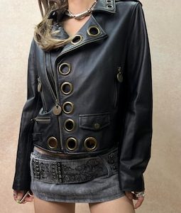 Vintage Genuine Sheepskin Leather Moto Jacket, Oversized Grommet, Y2K Double Zip, M