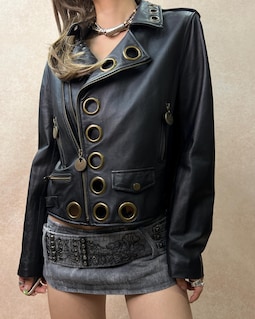 Vintage Genuine Sheepskin Leather Moto Jacket, Oversized Grommet, Y2K Double Zip, M