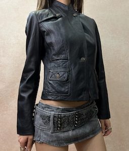Vintage Genuine Leather Blazer Jacket, Military Inspired Black Tailored Jacket, XS-S