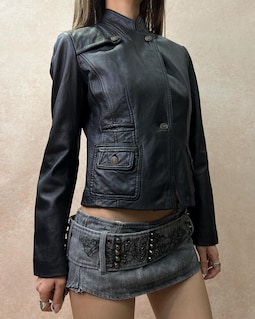 Vintage Genuine Leather Blazer Jacket, Military Inspired Black Tailored Jacket, XS-S