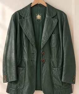 Vintage Green Leather Blazer for  Women Genuine Leather Jacket  Dark Forest Green